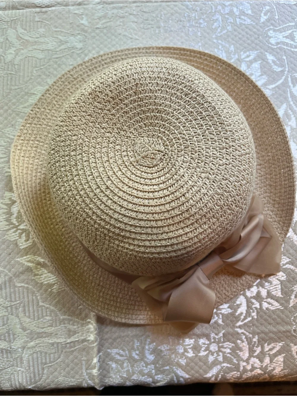Source Unknown Beige Straw Sun Hat with Bow